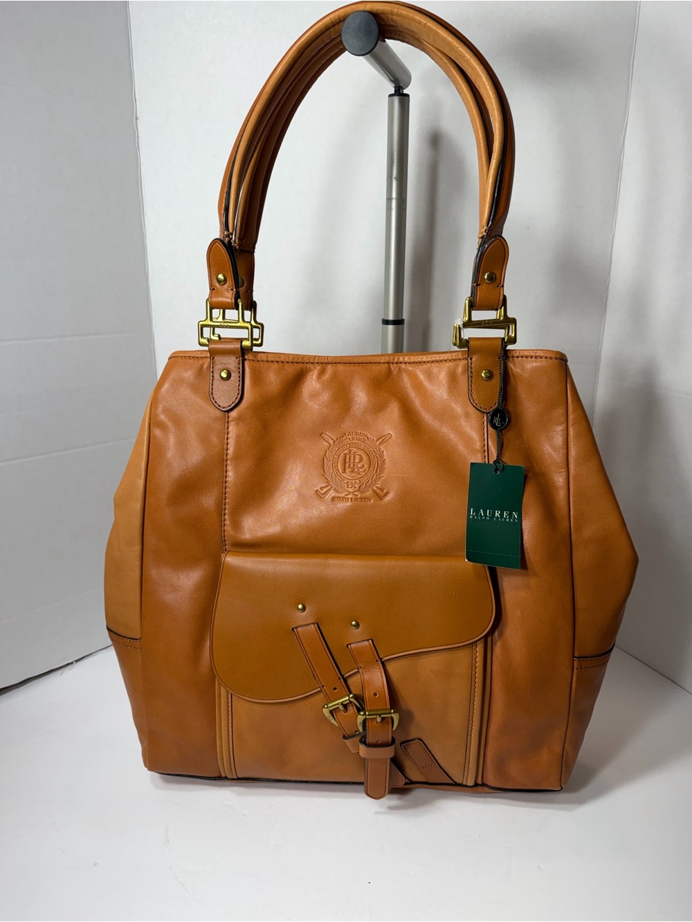 NWT Lauren Ralph Lauren Cognac Leather Shoulder Tote with Front Buckle Pocket